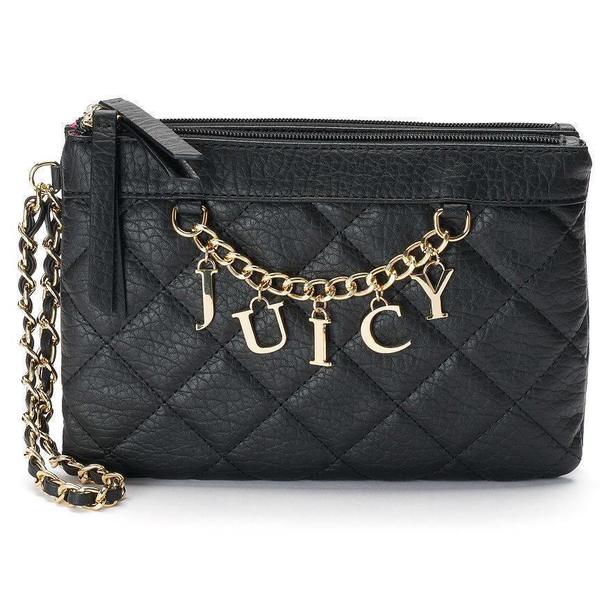 Juicy Couture Quilted Wristlet Chain Clutch Wallet Designer Purse Tote Bag Black