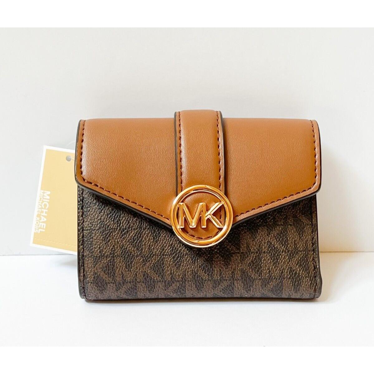 Michael Kors Carmen Flap Bifold Wallet MK Signature Brown