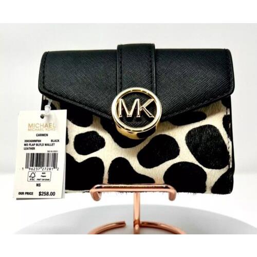 Michael Kors Carmen Flap Bifold Wallet Black Multi Exotic Print Haircalf