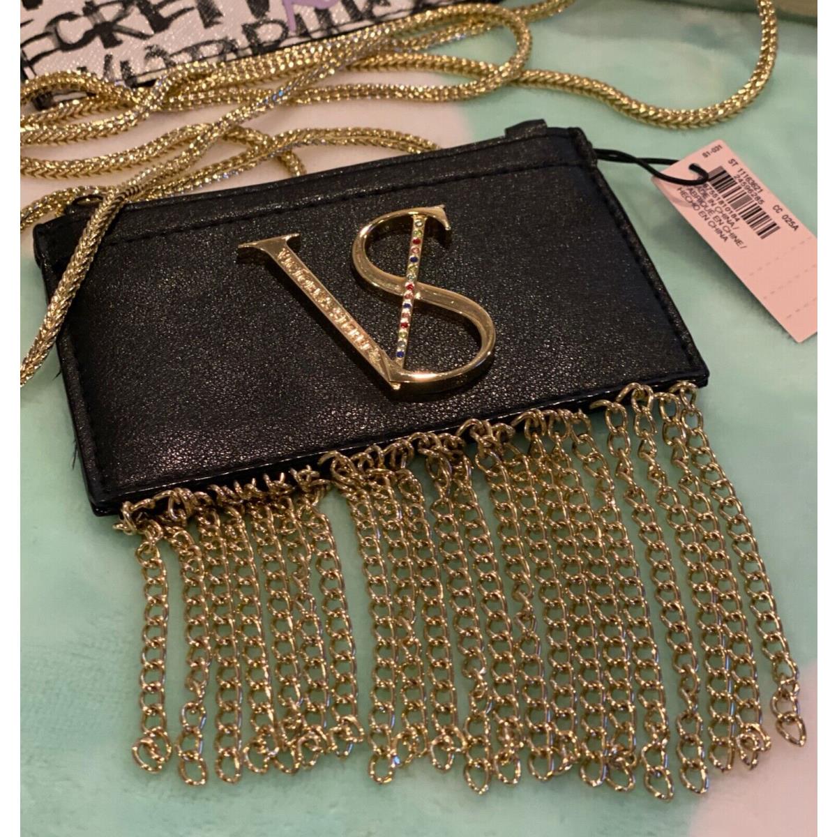 Victoria`s Secret Black Cross Body Card Case Gold Link Fringe Gold Cha