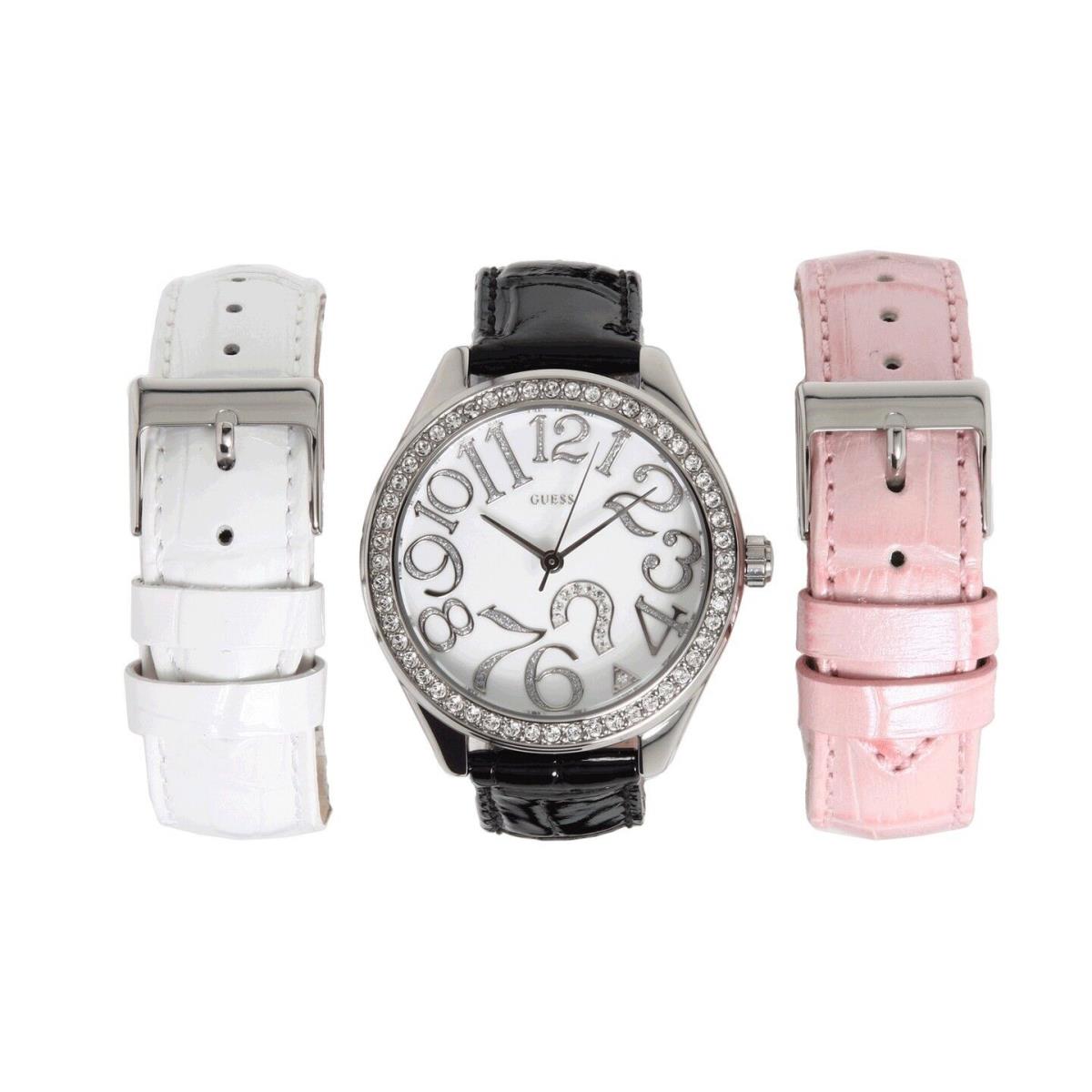 Guess White+pink+black Croc Lthr Interchangable Band+silver Watch Set U95096L1