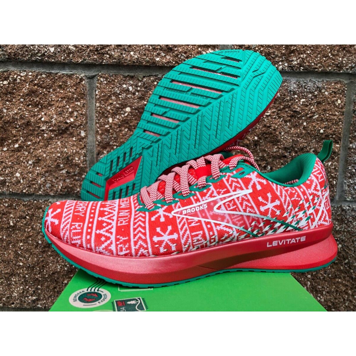 Wmns Brooks Levitate 5 Run Merry Christmas Ugly Sweater Red Green 8 Running Shoe