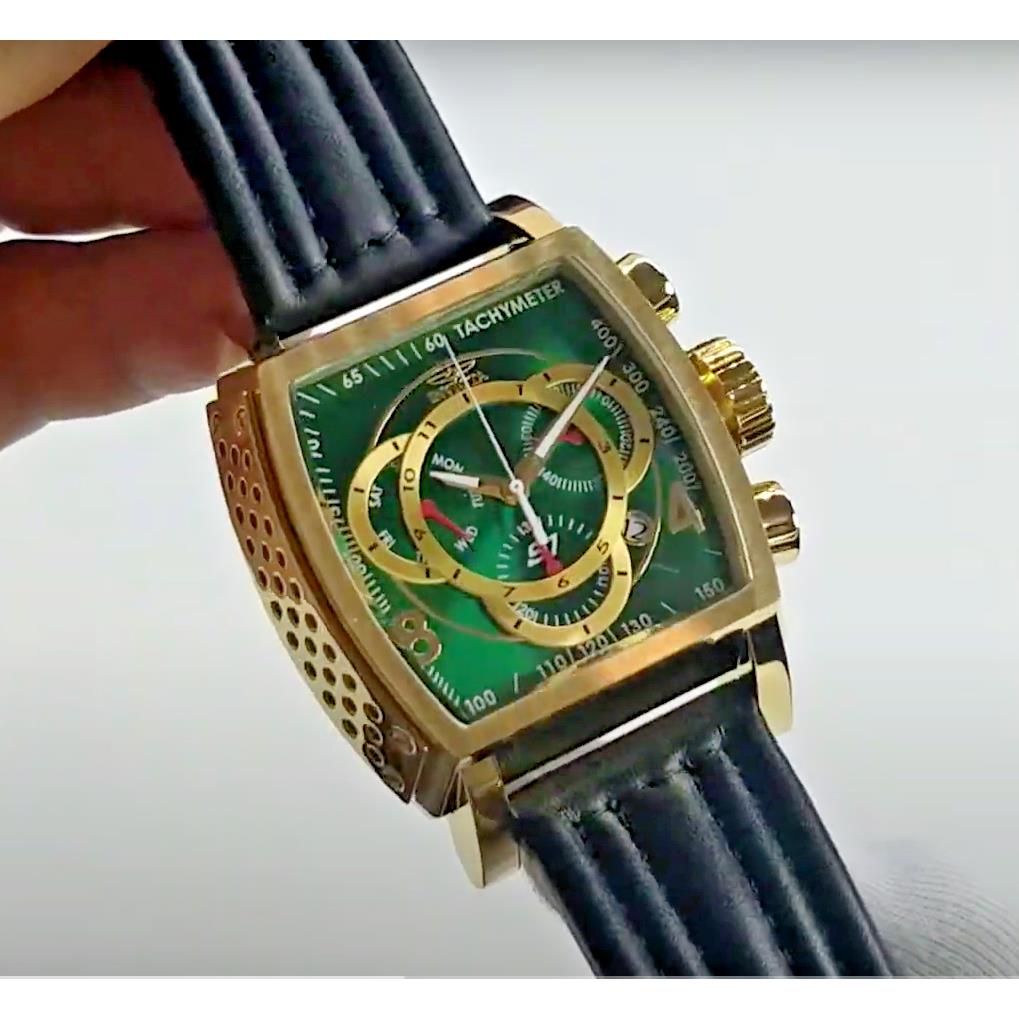Invicta S1 Rally Men`s Green Gold Dial Chronograph Quartz Leather Band Watch - Dial: Gold, Band: Black, Bezel: Gold