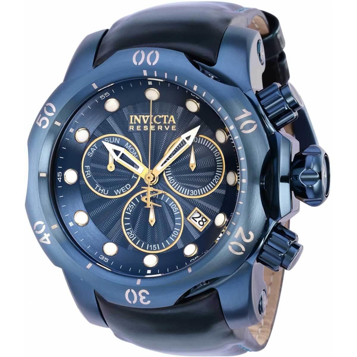 Invicta Men`s Watch Reserve Venom Quartz Chrono Blue Dial Leather Strap 36286