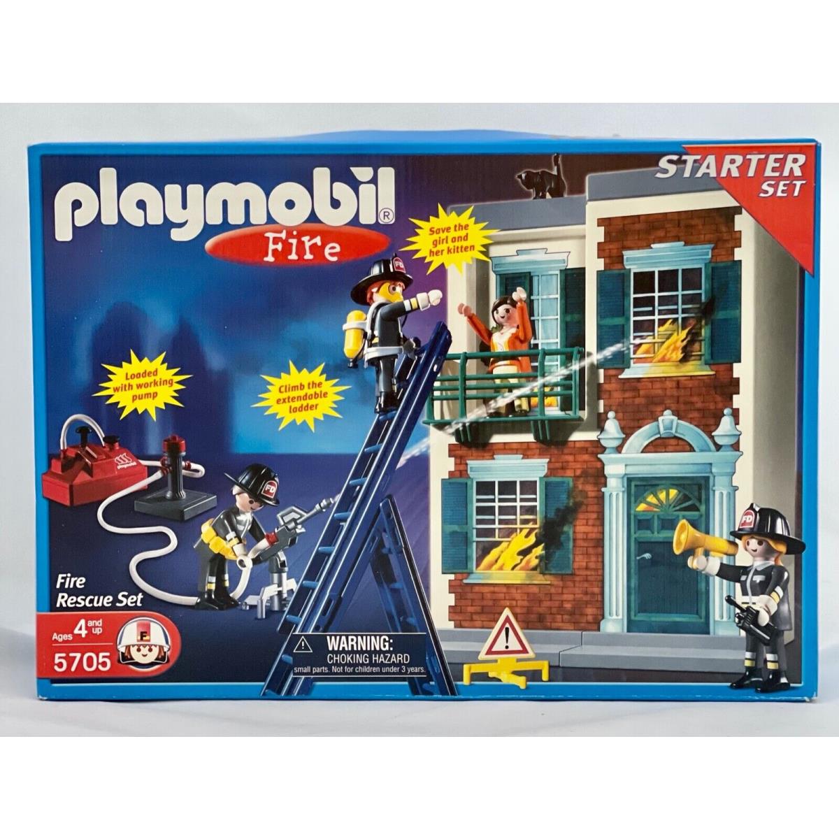 Playmobil 5705 Fire Rescue Set Firefighters Ladder Working Pump Black Kitten