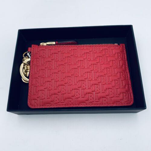 Lauren Ralph Lauren Zip Card Case Red Embossed Logo Brass Key Ring 5