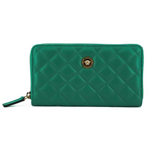 Versace Green Leather Long Zip Around Wallet