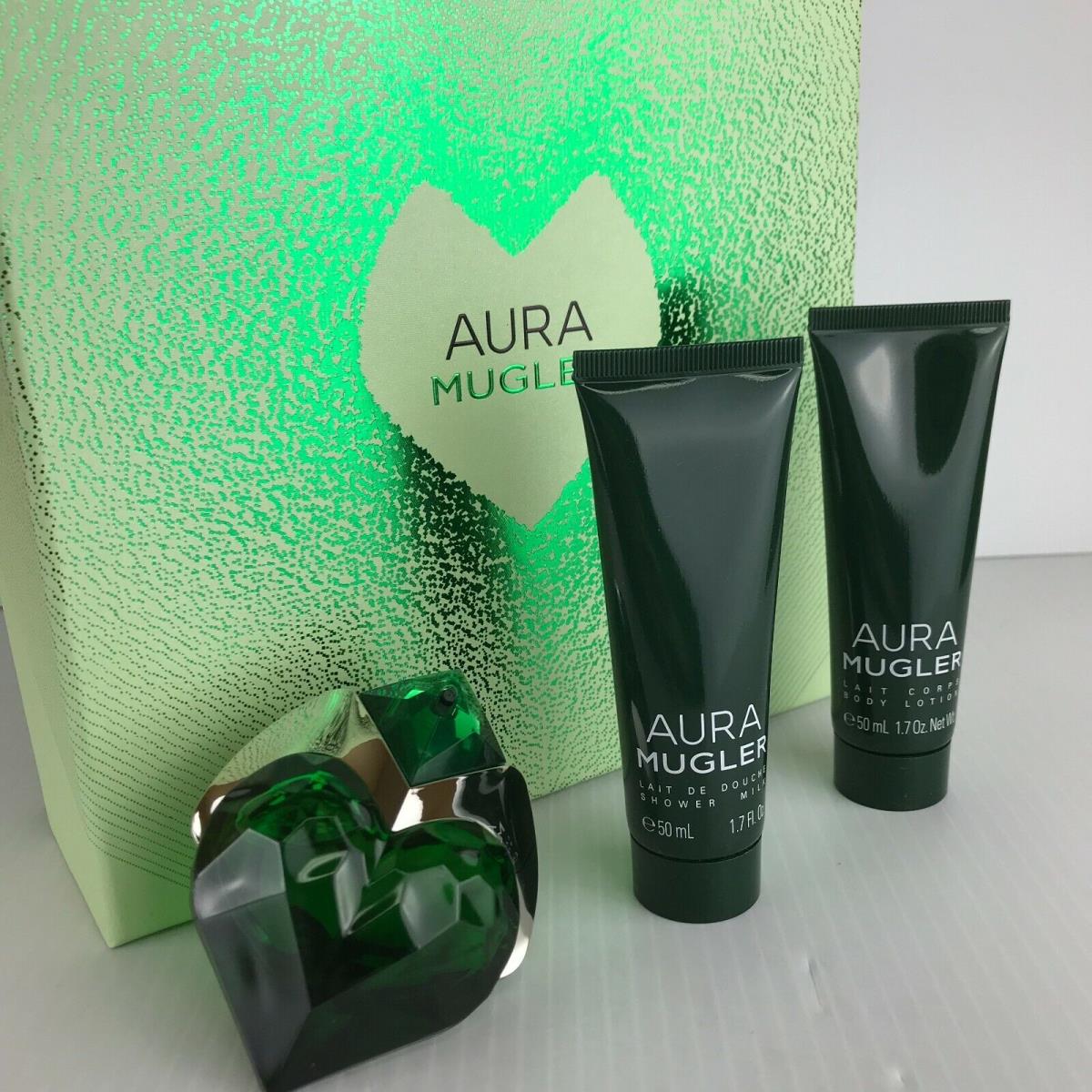 Aura Mugler 3pc Set Parfum Refillable Spray 1.0 oz Shower Milk and Lotion 1.7 oz