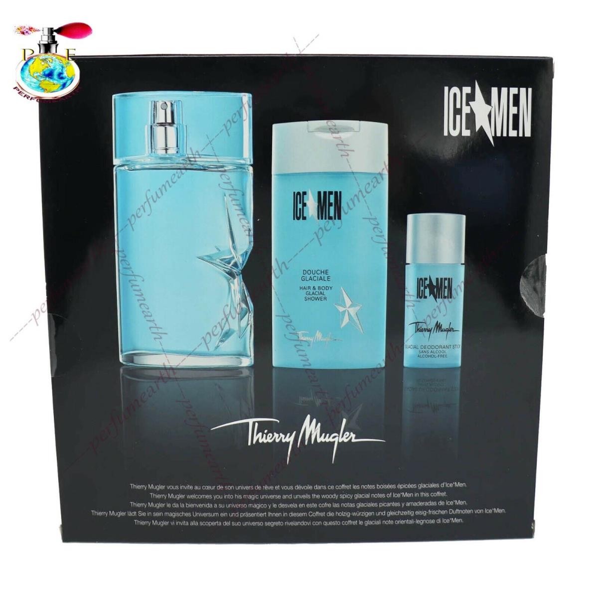 Ice Men by Thierry Mugler 3Pces Set 3.4oz Edt +0.7 Deo Stick+3.5 Shower Gel