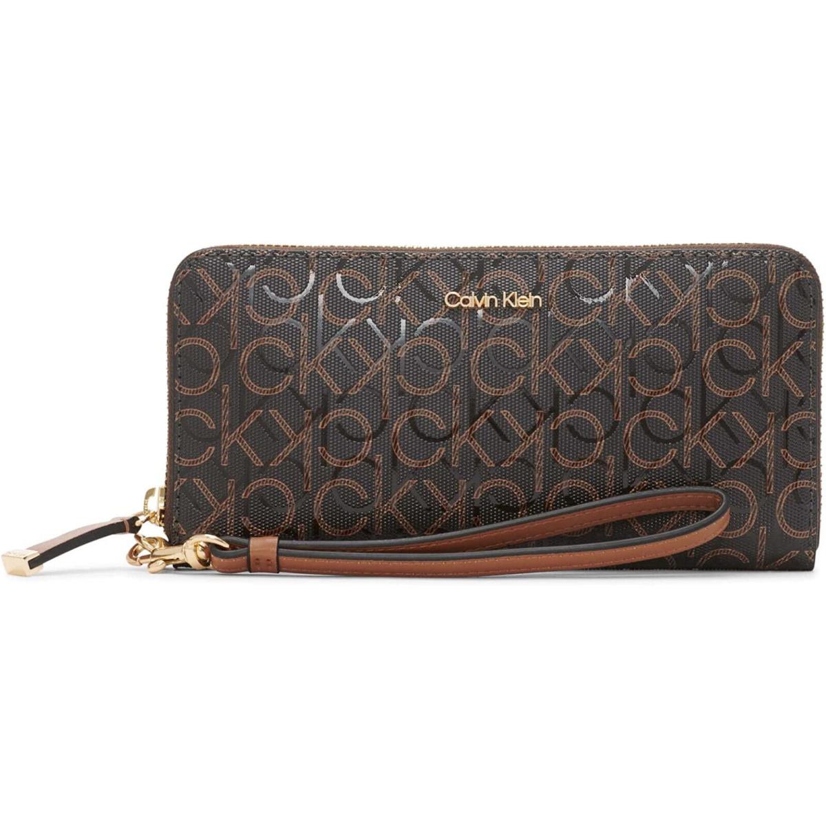 Brown Logo Embossed Zip Around Wristlet Wallet Clutch Bag by Calvin Klein