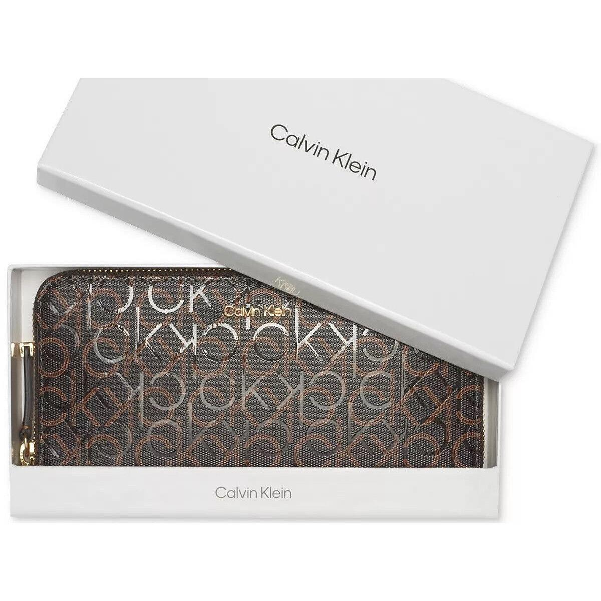 Calvin Klein Brown Logo Embossed Zip Around Wristlet Wallet Clutch Bag