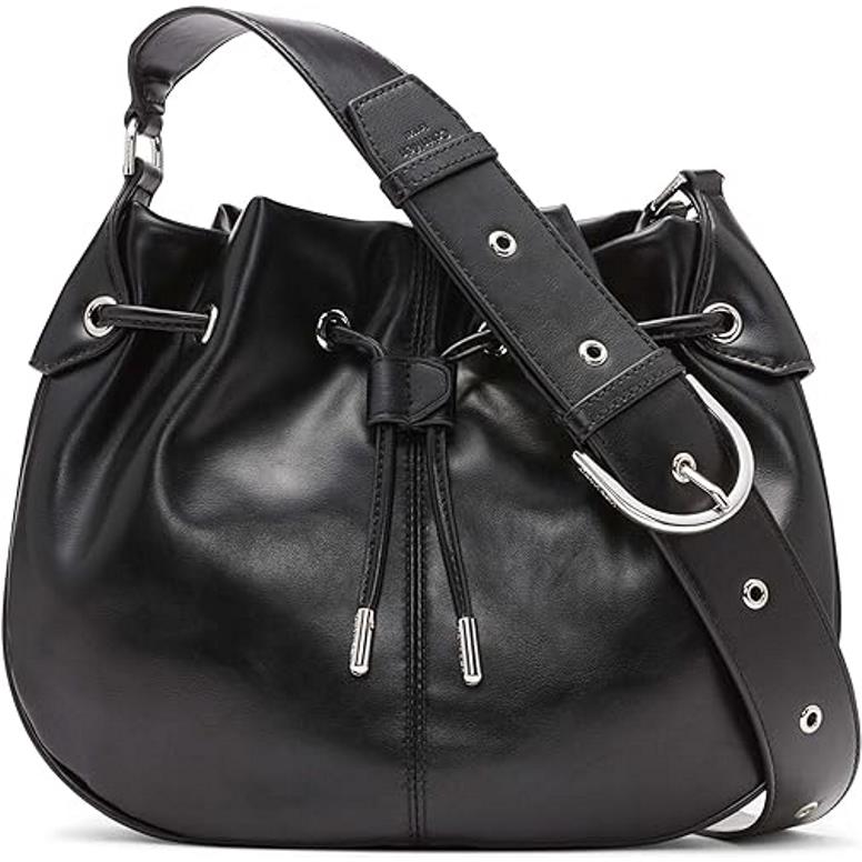 Calvin Klein Women`s Lapis Crossbody Bag Drawstring Black Silver