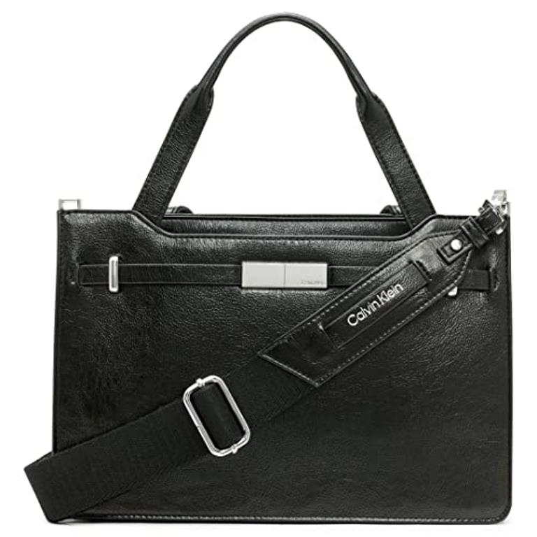 Calvin Klein Citrine Double Compartment Medium Satchel Black Silver - Handle/Strap: Black, Hardware: Silver, Exterior: Black