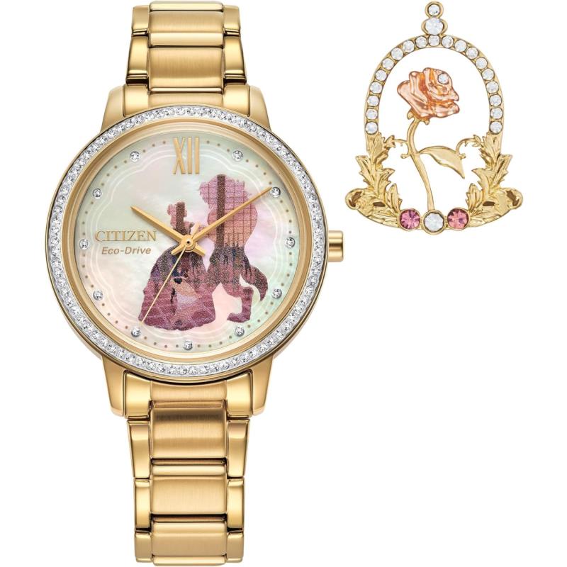 Citizen Women`s Eco-drive Disney Princess Belle Crystal Watch and Pin Gift Set i