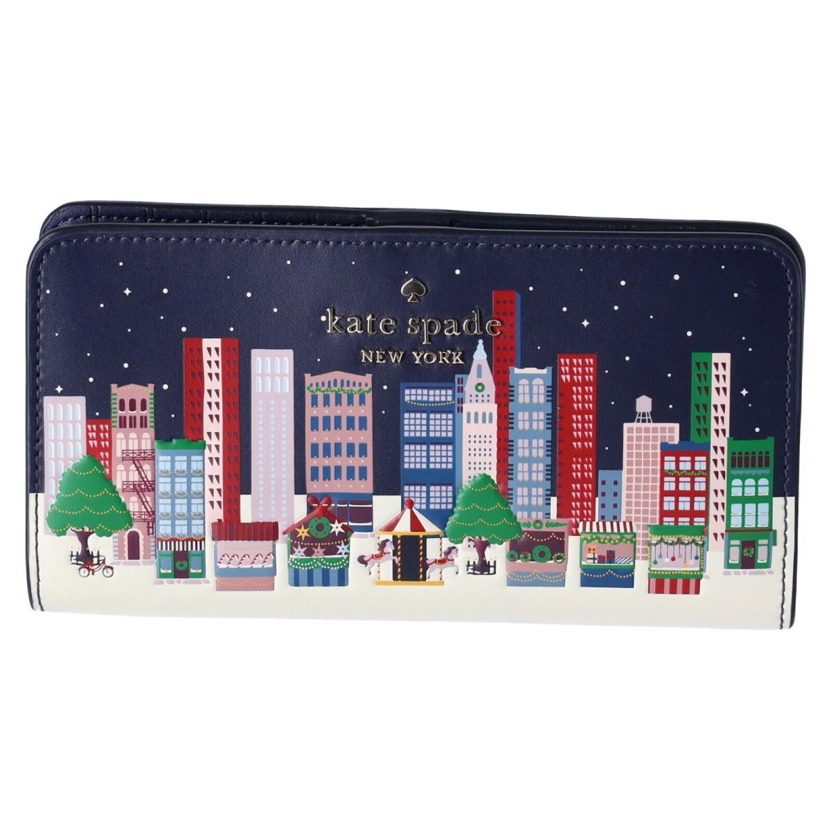 Kate Spade Winter Wonders Large Slim Bifold Wallet Multi KE695 Navy Christmas