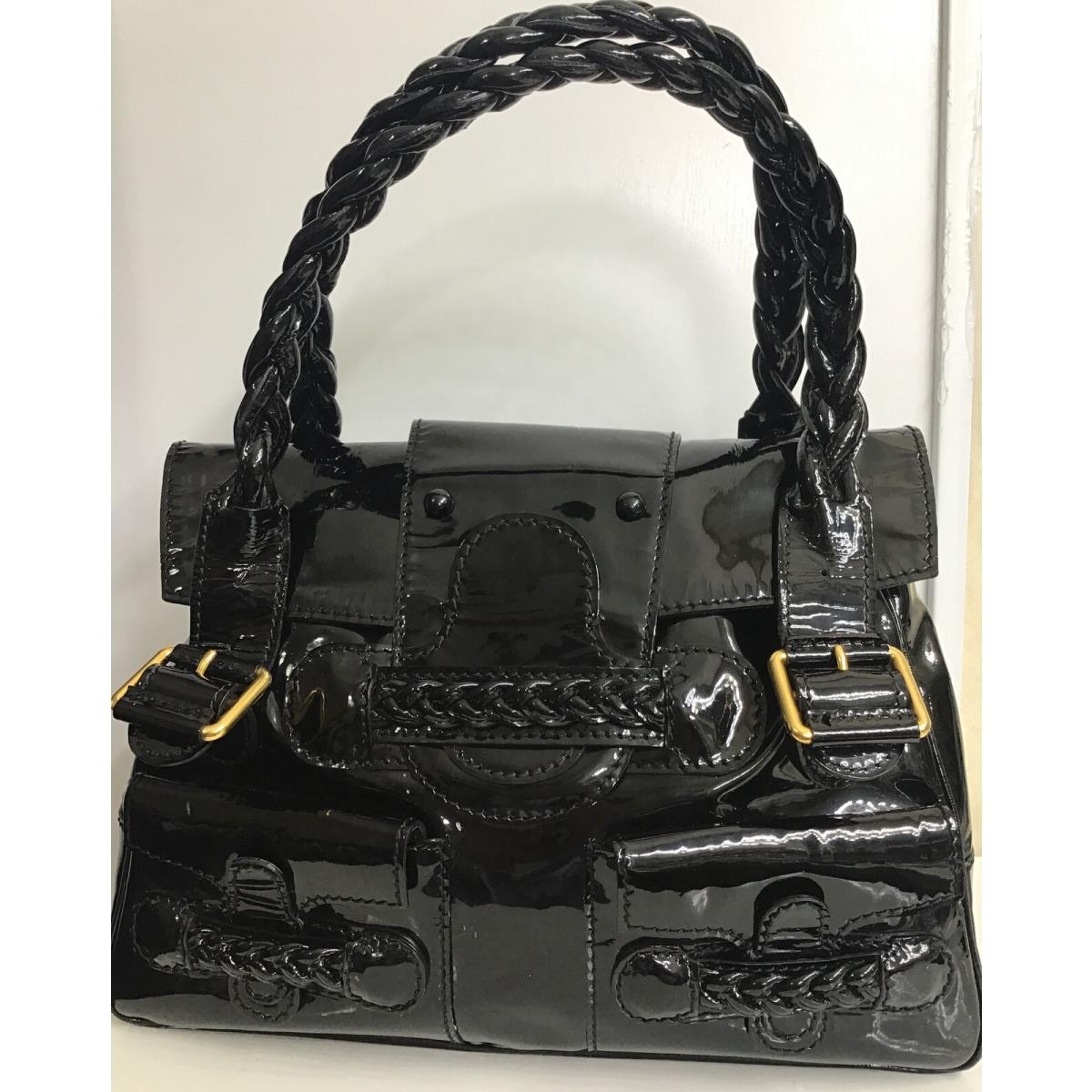 Valentino Purse Lrg Black Patent Double Handle Gold Hardware Outside Pockets