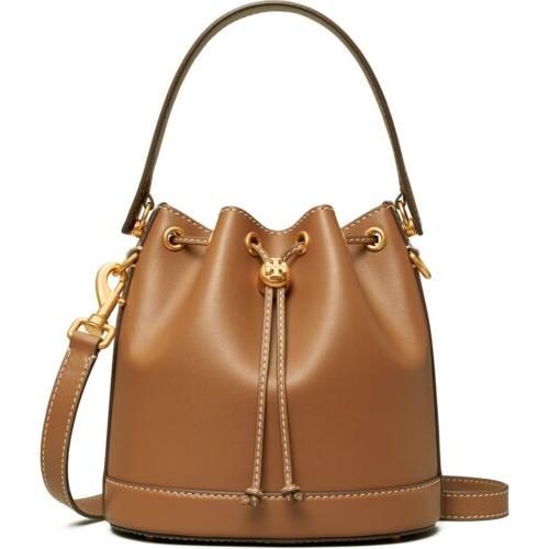 Tory Burch T Monogram Handbag Crossbody Leather Bucket Bag Moose Brown