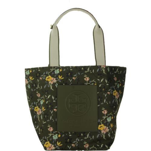Tory Burch Floral Print Nylon Leather Trim Tote Handbag Khaki Green
