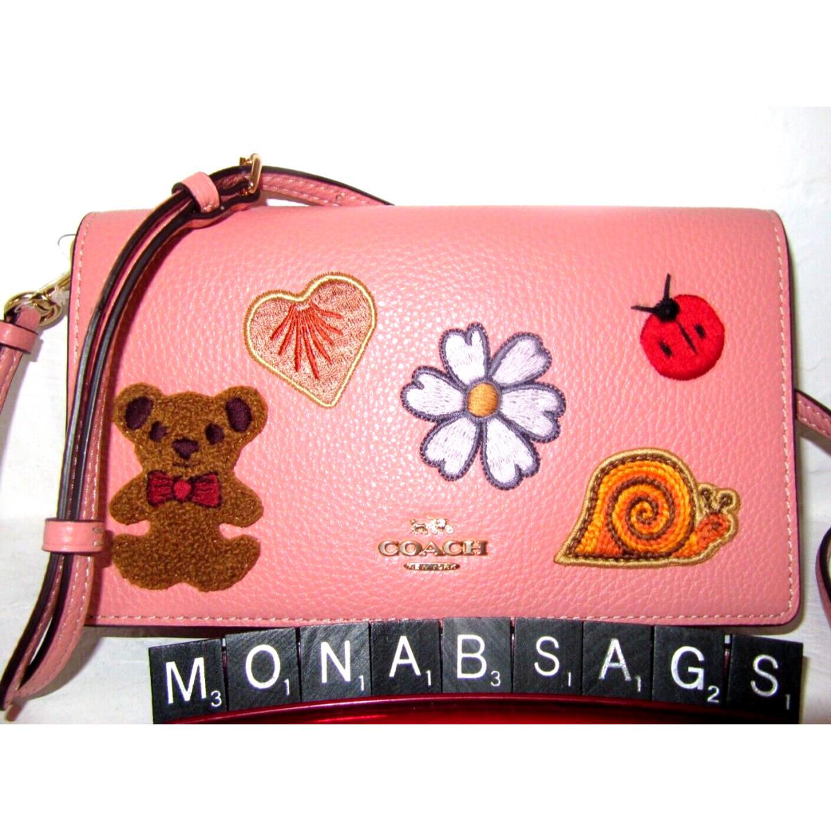 Coach CC469 Pink Fold Over Clutch Crossbody Bag Teddy Bear Heart Lady Bug Snail