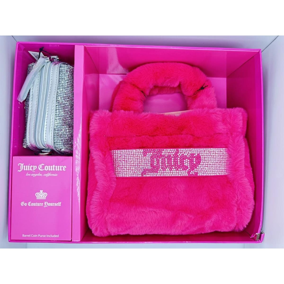 Juicy Couture Mini Hot Pink Fur Tote Bag Barrel 2 PC Set Boxed Set