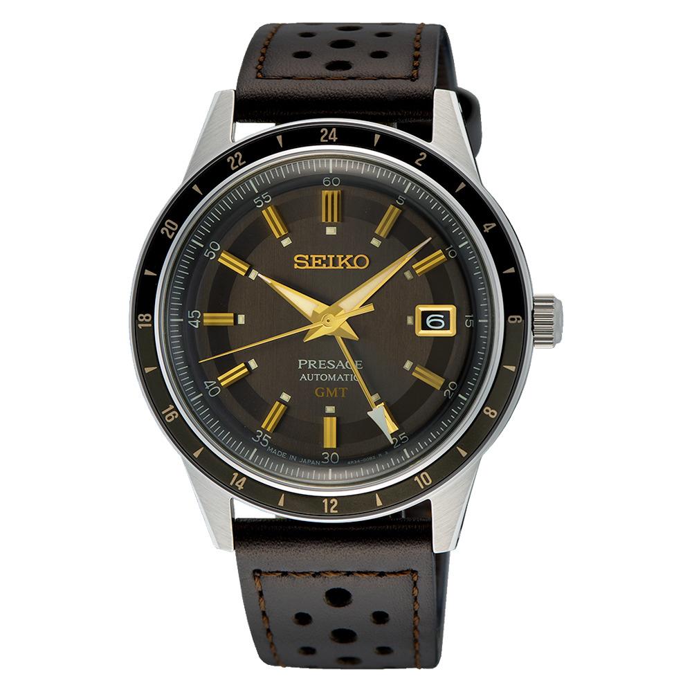 Seiko Men`s Presage Style 60 s Gmt Collection Gilt Dial Automatic Watch SSK013