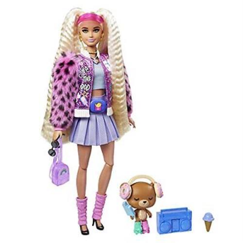 Barbie Extra Doll 8 in Pink Sparkly Varsity Jacket w/ Furry Arms Pet