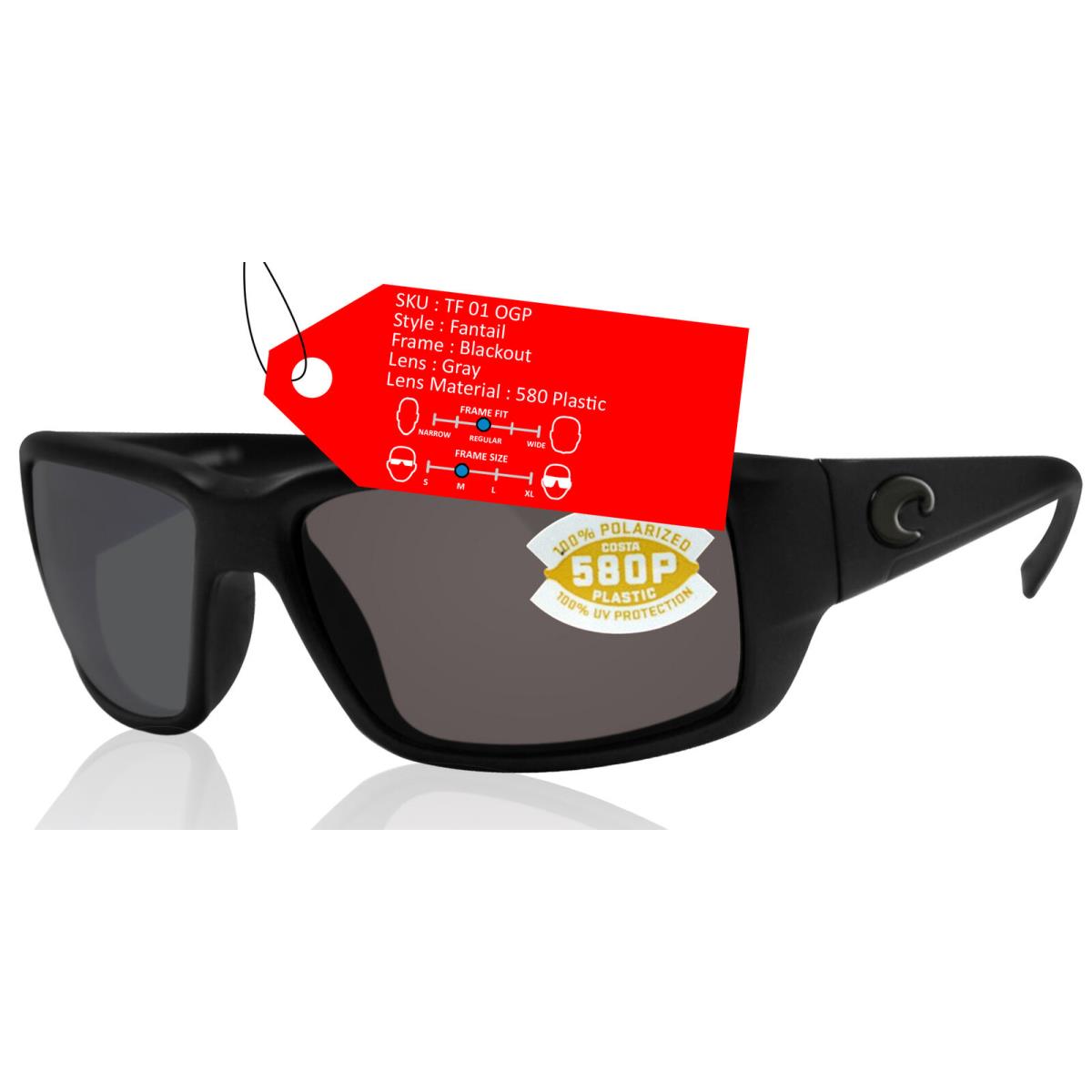 Costa Del Mar Fantail Blackout Frame Gray 580P Plastic Polarized Lens - Blackout / Gray, Frame: Black, Lens: Gray