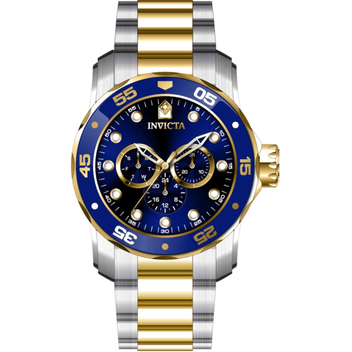 Invicta Men`s Watch Pro Diver Scuba Quartz Gold and Blue Bezel Bracelet 45724 - Dial: Blue, Band: Silver, Yellow
