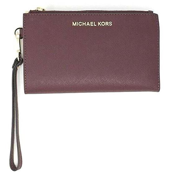 Michael Kors Jet Set Double Zip Wallet Phone Case Wristlet Merlot Leather Gold