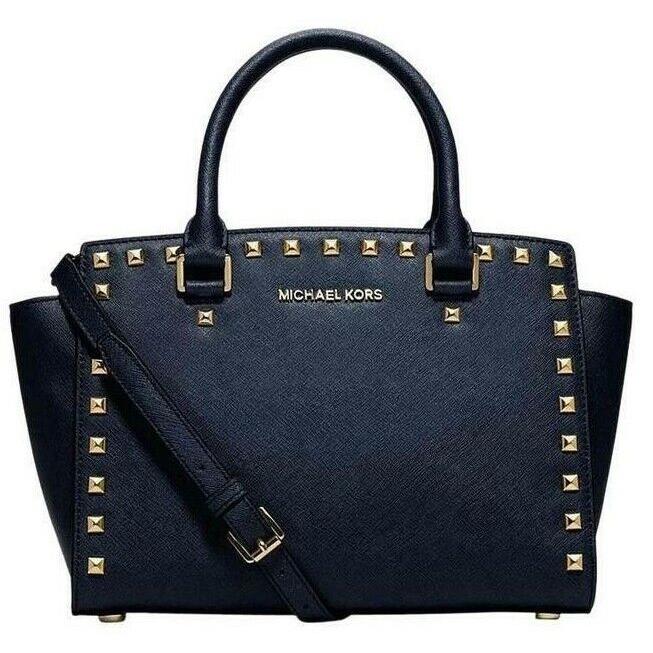 Michael Kors Selma Stud Satchel Bag Purse Navy Saffiano Leather Crossbody