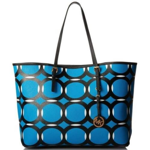 Michael Kors Jet Set Travel Deco Blue Black White Tote Saffiano Leather