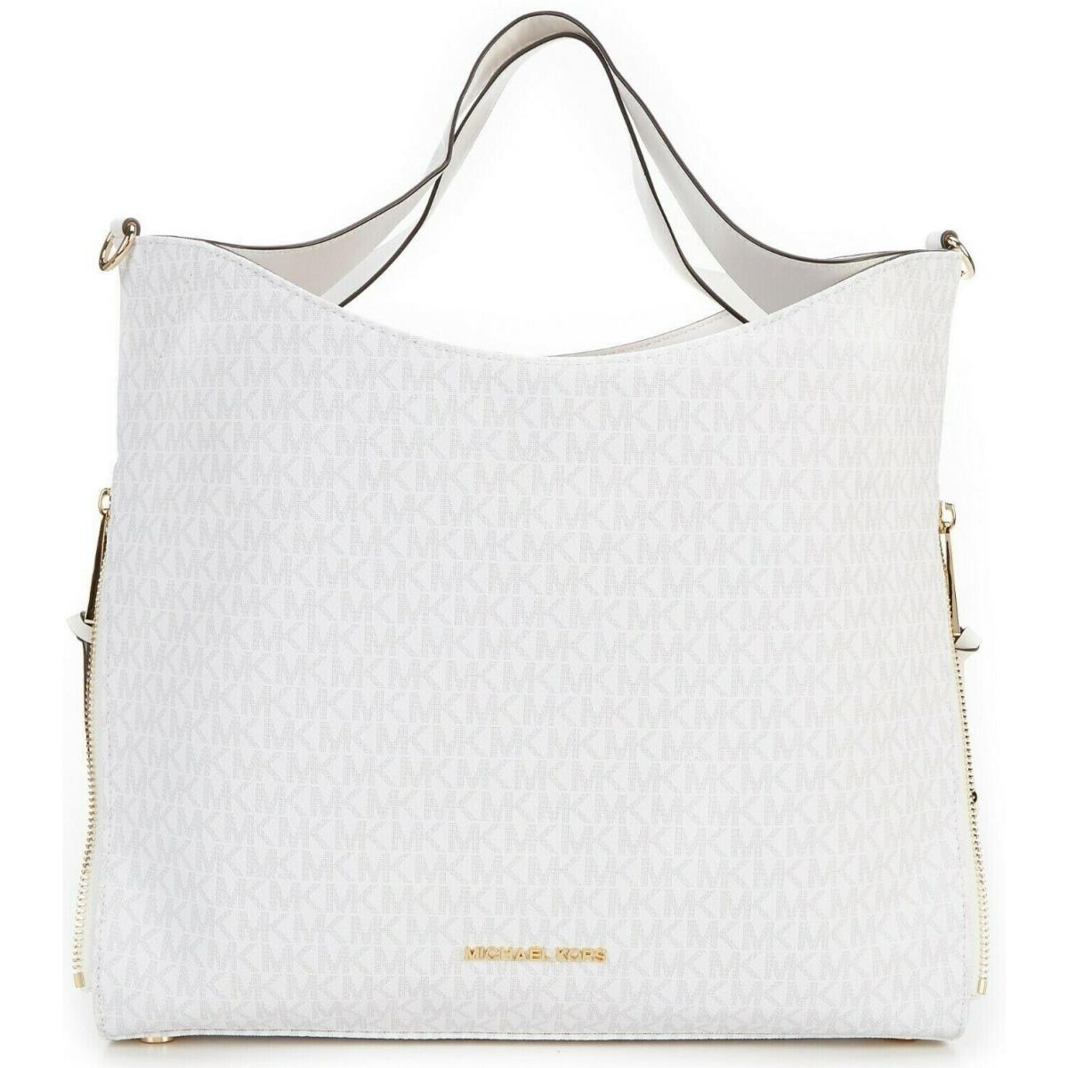 Michael Kors Devon Bright White Logo Gold Chain Large Shoulder Tote Bag