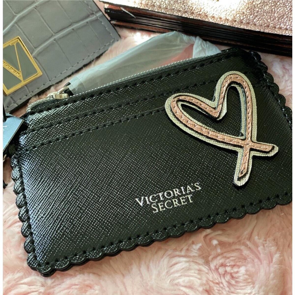 Victoria`s Secret Black w/ Pink Heart Card Case 4 Slots Silver Keycha