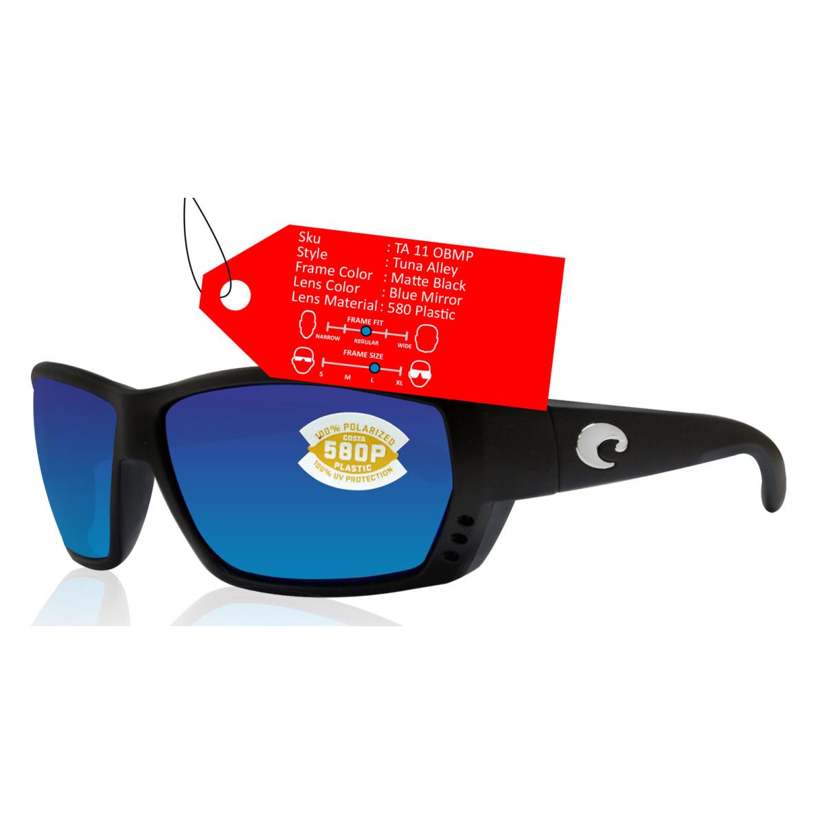 Costa Del Mar Tuna Alley Black Blue Mirror 580 Polarized Plastic Lens Sunglasses