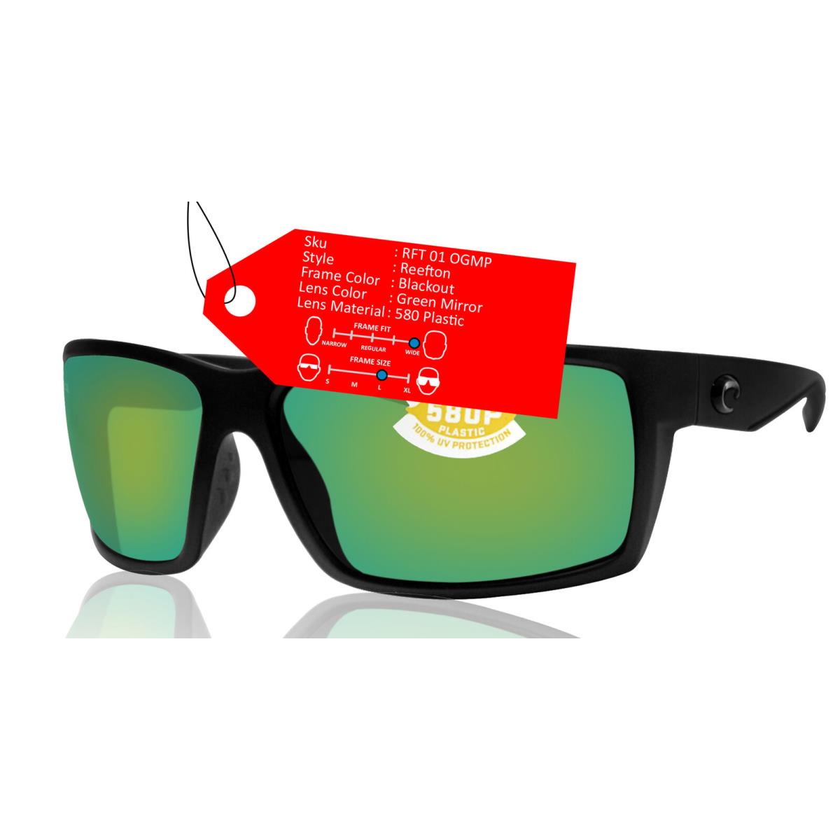 Costa Del Mar Reefton Blackout Frame Green Mirror 580P Plastic Polarized Lens