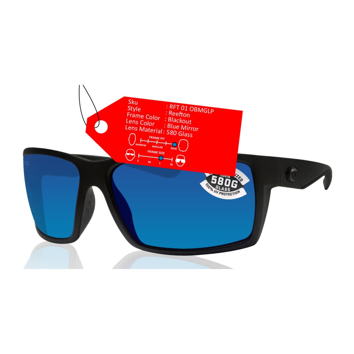 Costa Del Mar Reefton Blackout Blue Mirror 580 Glass Polarized Lens RFT01OBMGLP - Frame: Blackout, Lens: Blue Mirror