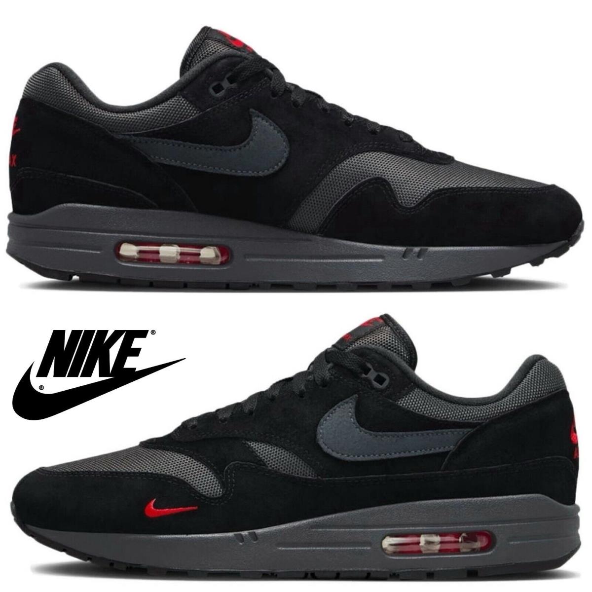 Nike Air Max 1 Men`s Running Sneakers Athletic Sport Casual Comfort Shoes Black - Black, Maufacturer: Black | Anthracite | University Red