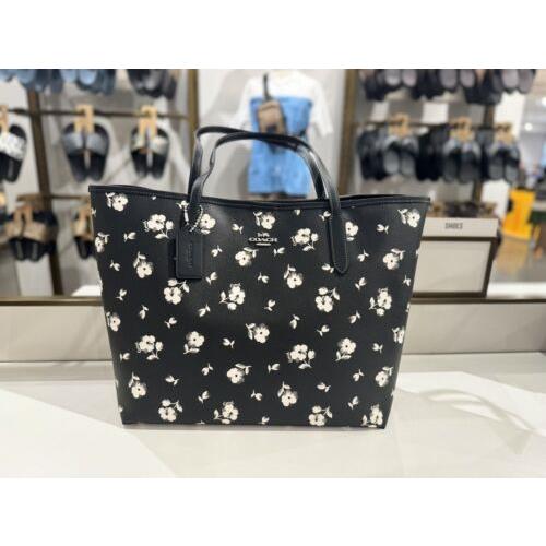 Coach CP073 City Tote with Floral Print Coated Canvas Leather Black Multi