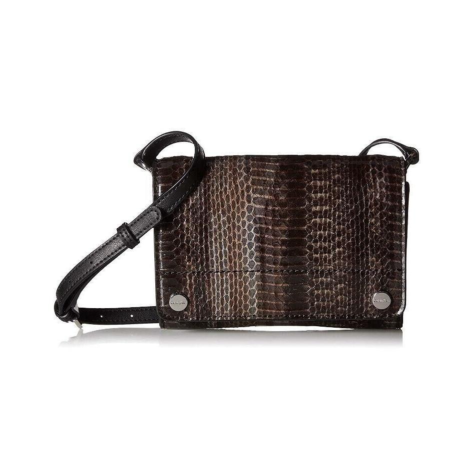 Calvin Klein Patent Python Studded Flap Over Small Crossbody Handbag Black Brown