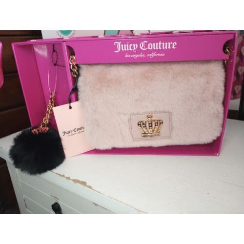 Juicy Couture Fur Dusty Blush Pink Flap Crossbody Purse with Keycha