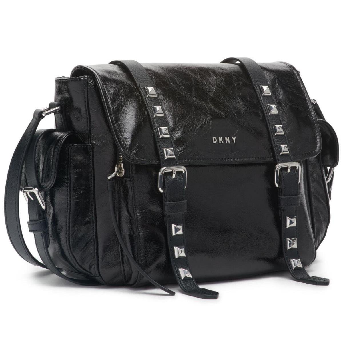 Dkny Womens Naomi Leather Messenger Bag Studded Moto Punk Rock Black