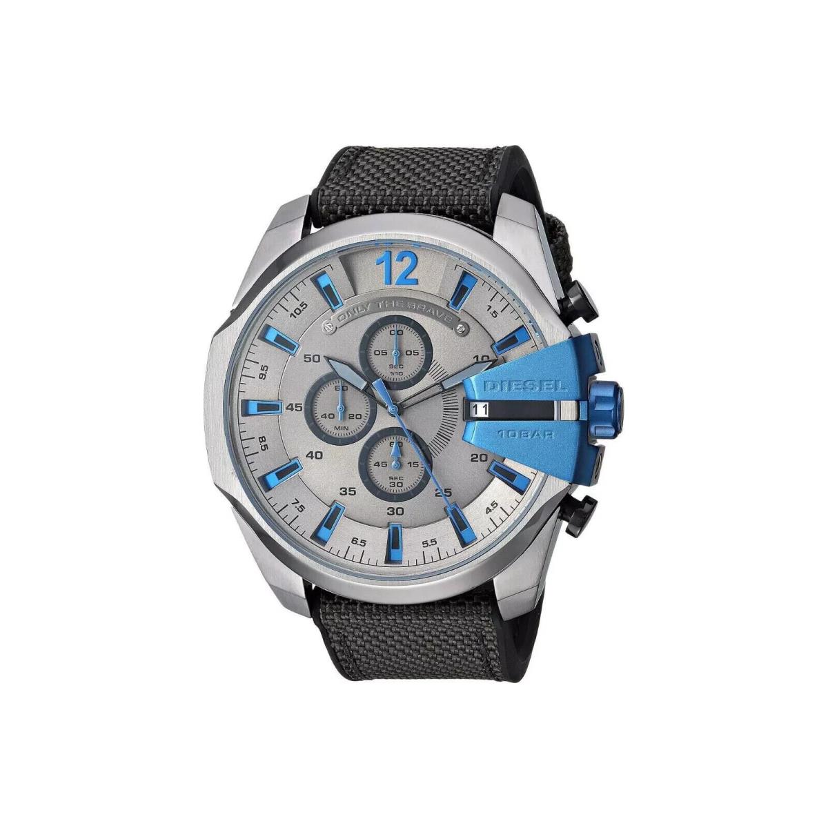 Diesel Mega Chief Men`s Black Grey Blue Nylon Silicone Chronograph Watch DZ4500 - Dial: Gray, Band: Black, Gray, Bezel: Gray