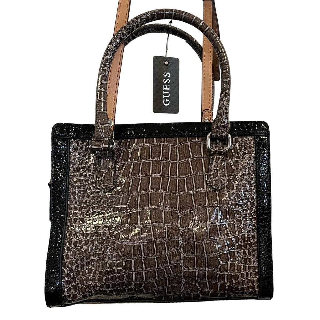 Guess Fox Trot Leather Croc Embellished Handbag with Straps Taupe