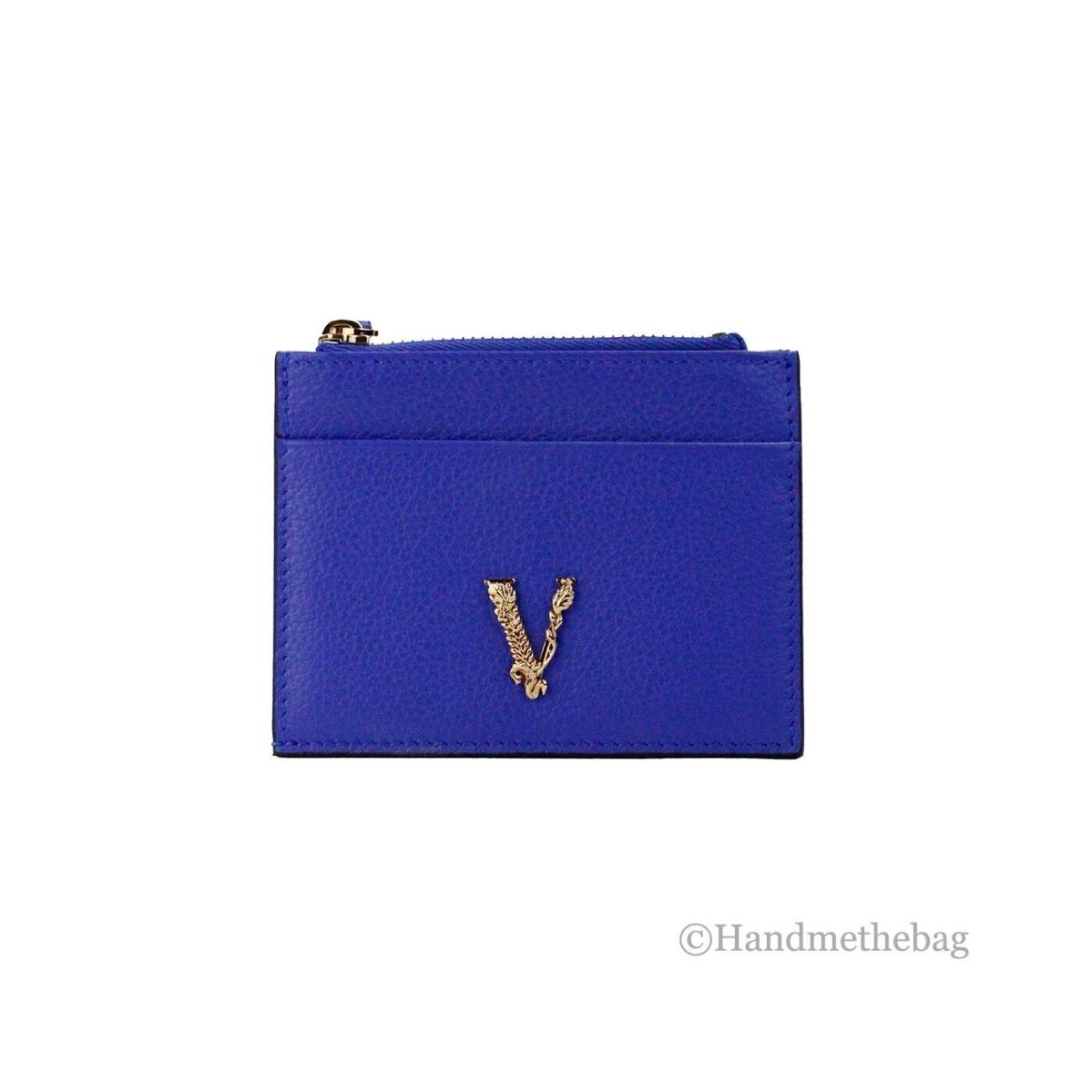 Versace Virtus Royal Blue Slim Grainy Leather Zip Card Case Wallet