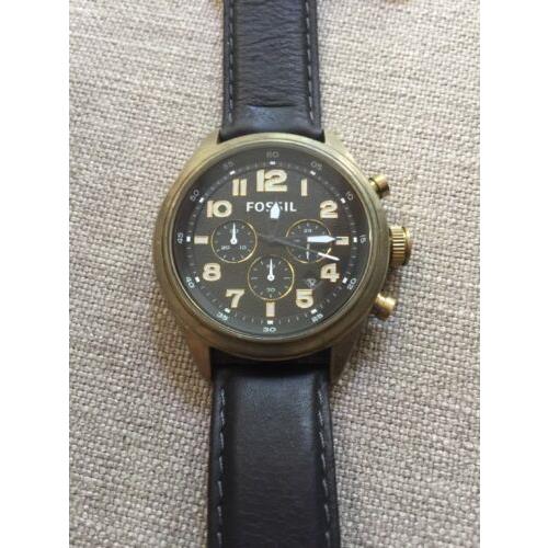 Fossil Vintage Bronze Chronograph Watch Black Leather Band DE5000