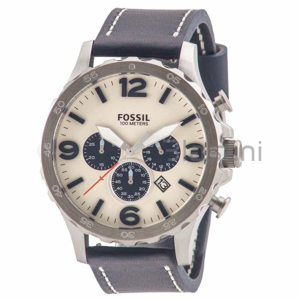 Fossil JR1480 Men`s Nate Stainless Steel Blue Leather Chronograph Watch 50mm