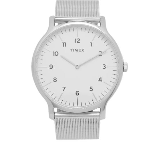 Men`s White Dial Classic 40mm Stainless Steel Mesh Timex Watch TW2T95400 - Dial: White, Band: Silver