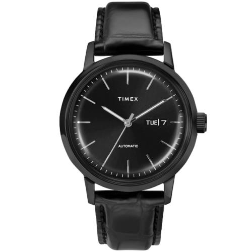 Men`s Marlin Traditional Quartz Timex Black Leather Strap Watch TW2U11700 - Dial: Black, Band: Black