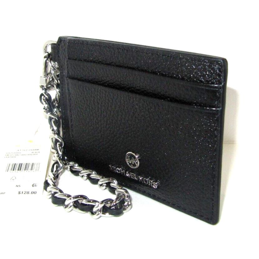 Michael Kors Black Silver Jet Set Charm Small Leather ID Chain Card Holder