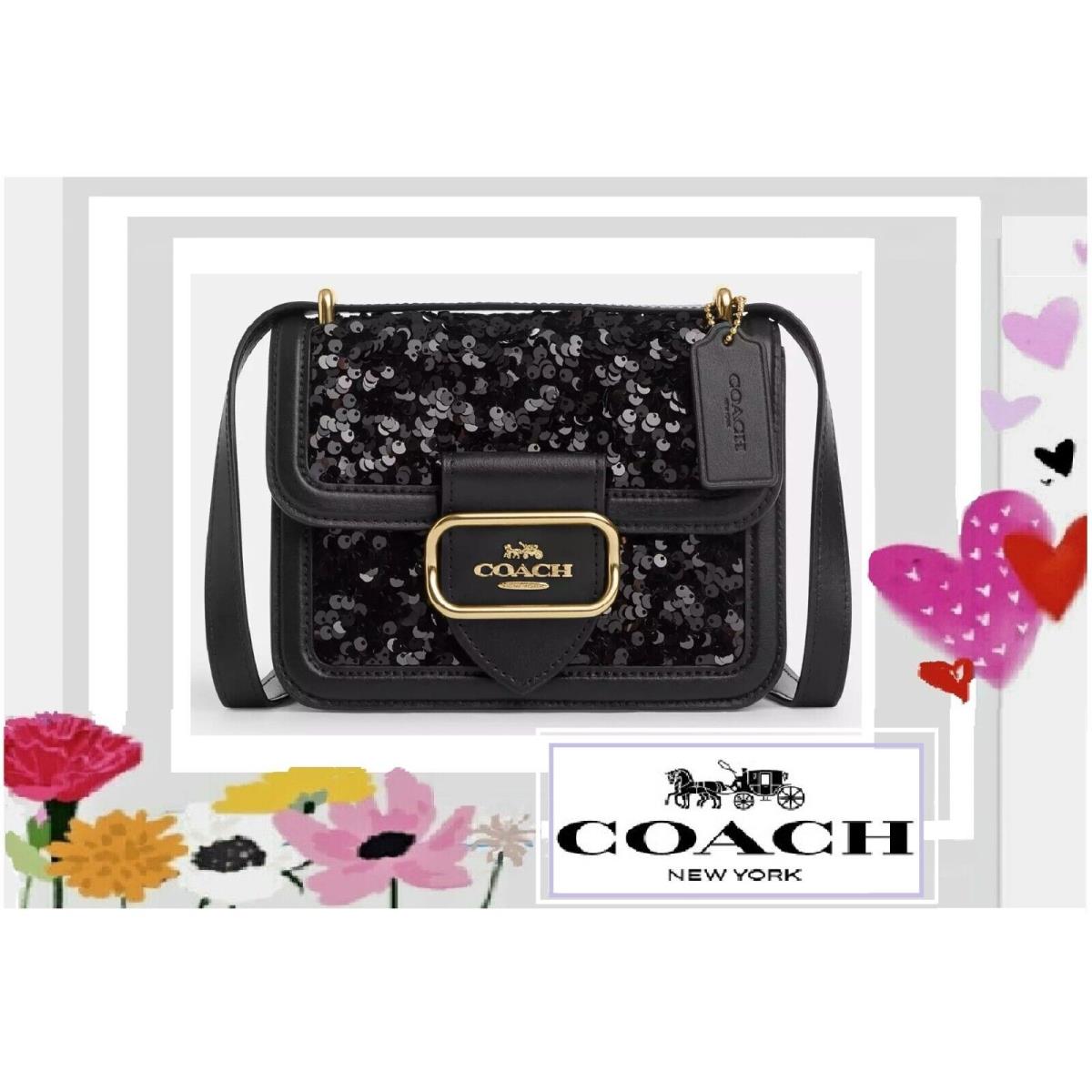 Coach Morgan Sequins Square Crossbody Bag CO922 In Black Leather Gold Toned